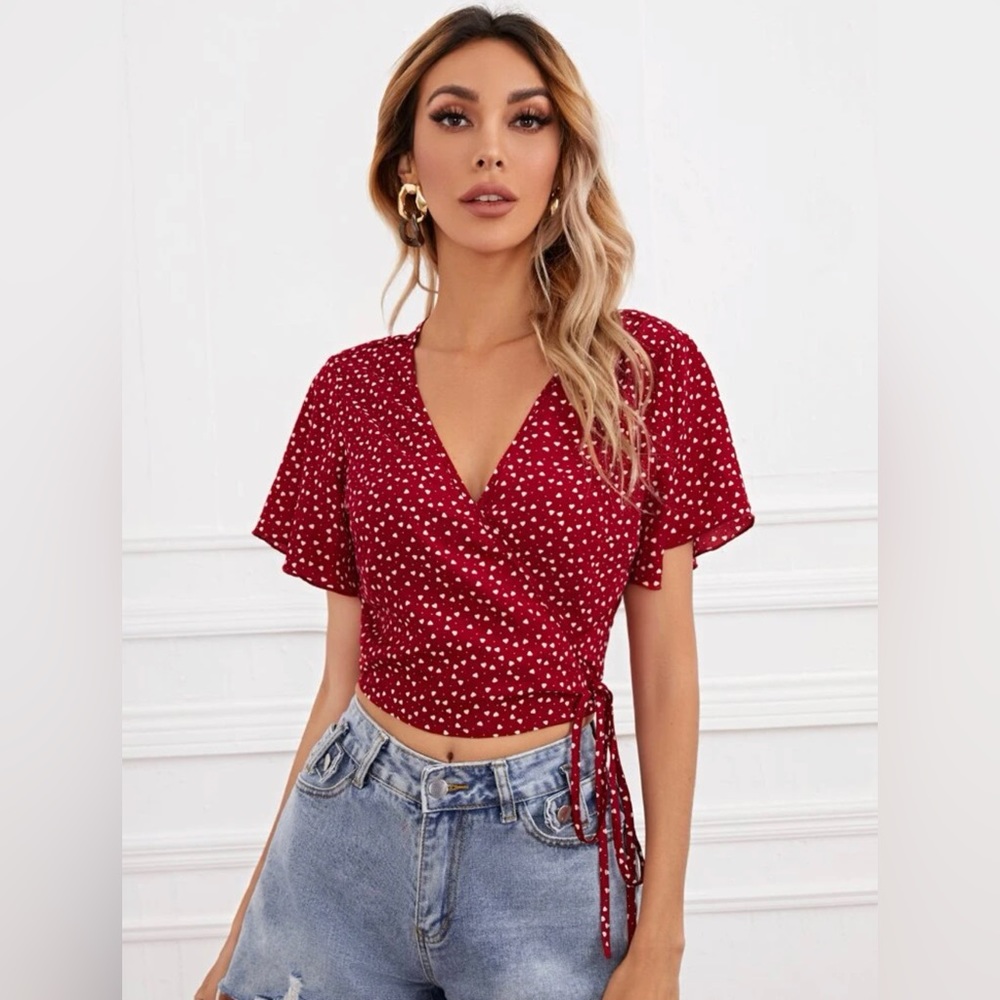 SHEIN Wrap Tie Side Heart Print Blouse size: L